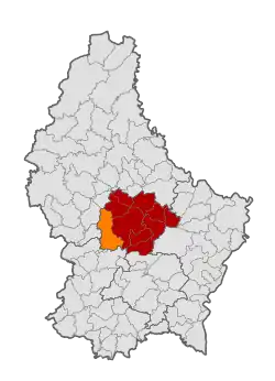 Map of Luxembourg with Helperknapp highlighted in orange, and the canton in dark red