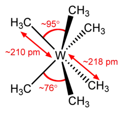 Stereo, skeletal formula of hexamethyltungsten with all implicit hydrogens shown, and assorted dimensions