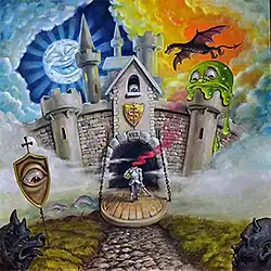 A stylized painting of a headless knight entering a castle, walking through haze. The left side of the sky showcases a moon with a laughing phase, while the right side contains a flying dragon. A slime ball sits on one of the castle's pillars.