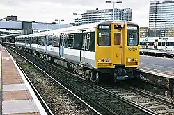 An electric train at a station platform