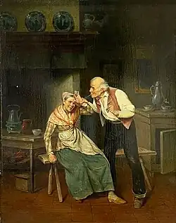 "Humorous interior scene with an elderly couple"