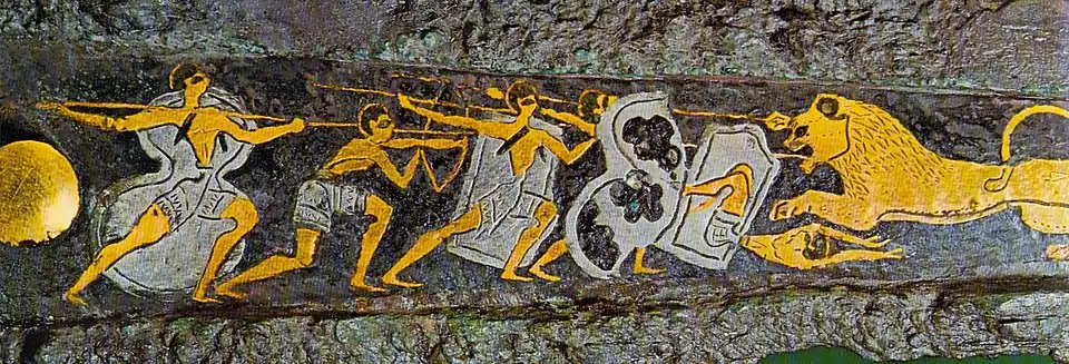 Depiction of a hunting scene on a dagger found in Mycenae, Greece, 16th century BC