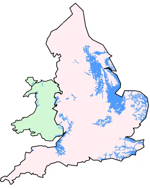 Map of England and Wales showing the area covered by internal drainage districts (blue)