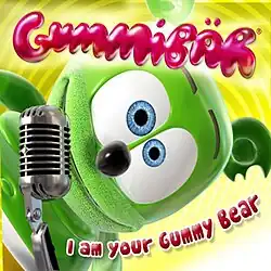The group's mascot is an animated green gummy bear, seen on the cover along with their logo and signature "gummy"-esque typeface.
