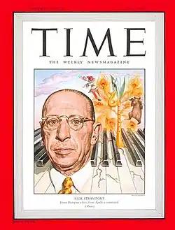 TIME magazine cover depicting Stravinsky's head in front of the keys of a piano, with famous characters from his ballets next to him