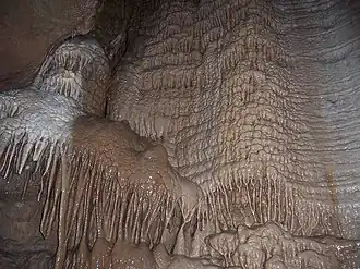 Image 13A flowstone formation inside Chimney Dome, part of Illinois Caverns in Monroe County. The cave is formed in limestone and dolomite by water dissolution and features stalactites, stalagmites, rimstone dams, flowstone, and soda straws. Photo credit: A. Frierdich (from Portal:Illinois/Selected picture)
