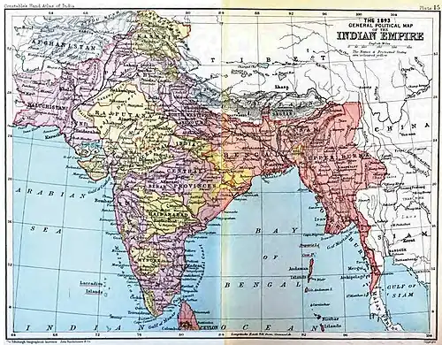 The British Raj in 1893 after the annexation of Upper Burma and incorporation of Baluchistan.