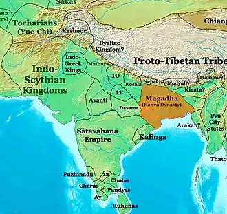 Kanvayana shown with other petty kingdoms of that time, along with the large kingdoms of the Satavahanas and Indo-Scythians.