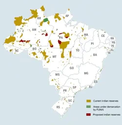 Map of Brazilian Indigenous lands with 2008 data. Orange indicates demarcated lands; green shows lands under the demarcation process, and dark red marks new proposals