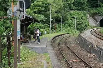 A view of the station platform. Note the difference in level between the siding and the main track.