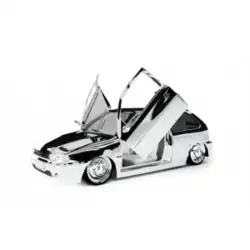 A solid car with open doors, above a white background.