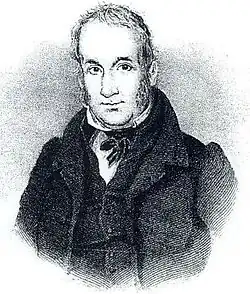 A black and white engraving of a man with short hair, sideburns, and a serious expression, wearing a high-collared shirt, a cravat, and a dark coat.