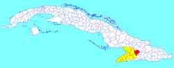 Jiguaní municipality (red) within Granma Province (yellow) and Cuba
