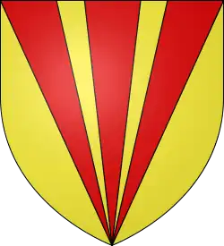 John of Scotland, Earl of Huntingdon: Or, three piles in point (or conjoined in base) gules. If not so specified, the piles run parallel. (In early armory, whether or not the piles converged depended on the shape of the shield or flag.)