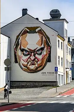A mural of Jon Fosse in Haugesund, Norway in July 2025