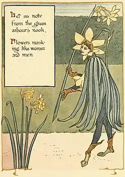 The flowers masquerade as people. Sir Jonquil begins the fun, illustration from A Floral Fantasy in an Old English Garden, 1899