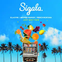 The white text "Sigala. Ella Eyre - Meghan Trainor - French Montana", the yellow text "Just Got Paid" and several fruits above a slot machine surrounded by the blue sky and palm trees
