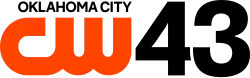 The CW logo, an orange thick logo with the letters C and W connected, in the lower left. Above it, right-aligned, is the words Oklahoma City capitalized in a sans serif. To the right of both, full-height, is a sans-serif numeral 43.