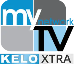 The MyNetworkTV logo below a blue box with the letters K E L O in white and a white box with the letters X T R A in black