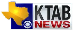 From left: On a blue square, a golden solid state of Texas, which extends beyond the square, and a silver CBS eye in the lower right. Next to the blue square, a silver square with K T A B in black on top and NEWS in red on the bottom.