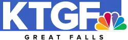The letters K T G F in white against a light blue rectangular background. The NBC peacock is set in the lower right corner. The words "Great Falls" appear below, widely tracked.