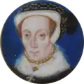 Katherine Brydges, Lady Dudley by Levina Teerlinc, c. 1560. A courtier to both Mary I and Elizabeth I. The daughter of John Brydges, 1st Baron Chandos and the wife of Edward Sutton, 4th Baron Dudley[31]
