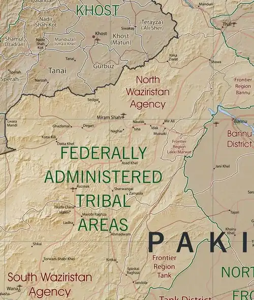 Khost, Afghanistan and North and South Waziristan Tribal Areas, Pakistan map