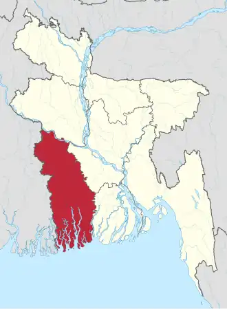 Map indicating the extent of Khulna Division within Bangladesh