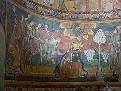 The stoning of Saint Stephen; 1160s; fresco; height: 1.3 m; Saint John Abbey (Val Müstair, Canton of Grisons, Switzerland)[140]