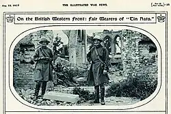 Knocker and Chisholm pose in the ruins of a church in Pervyse, Belgium for "Illustrated War News", 22 April 1917