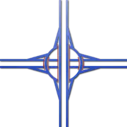 Roundabout interchange: very common in the United Kingdom as either a junction or exit