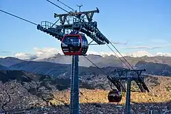 Red Line cable car connecting El Alto with the city of La Paz behind