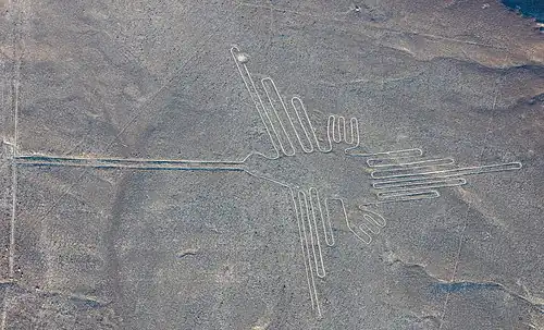 The Hummingbird, one of the Nazca Lines (Nazca); c.200 BC-600 AD; rocks, gravel and dirt; length: 50 m; Nasca and Palpa Provinces (Peru)[77]