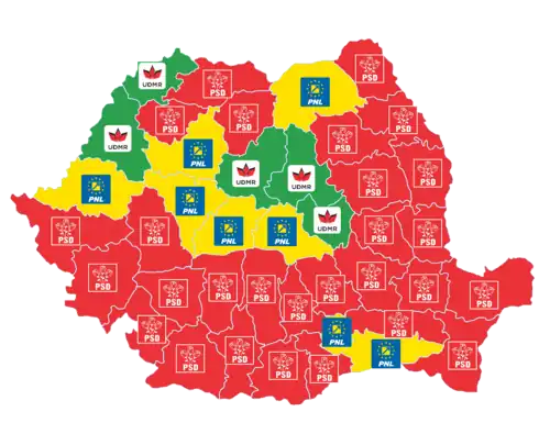 Political map depicting counties according to the county president's party affiliation