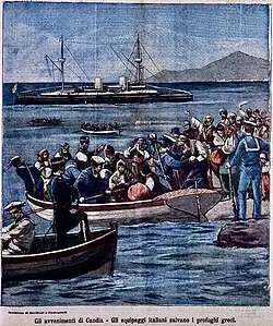 Crowded rowing-boats, loaded with civilians, set off from a busy shore towards an early 20th-century warship, waiting in the middle distance