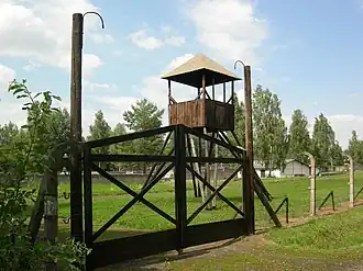Preserved watch tower and fence at Lamsdorf
