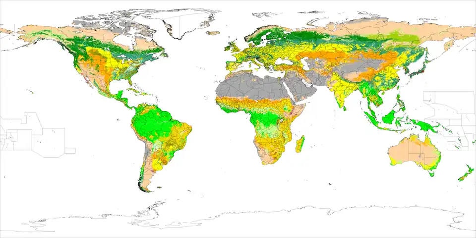 Image 25A chorochromatic map of world land cover, using hue, value, and saturation to differentiate nominal values (from Cartographic design)