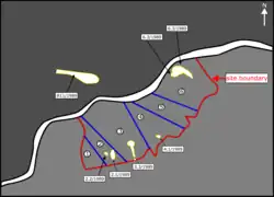 Sketch diagram showing the aerial photograph of Pat Heung in 1989 in Hong Kong. It shows how the yellow current landslides were identified within the red study area on the slopes of the natural terrain using interpretation techniques. A total of seven current landslides were identified. The numbers and years of occurrence are marked with the respective current landslides.[1] (not in scale)