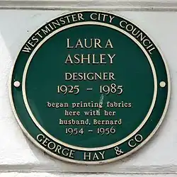 City of Westminster green plaque at 83 Cambridge Street, Pimlico, commemorating Laura Ashley