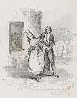 drawing of young man and young woman in 18th-century costume, in a stage setting with countryside in the background