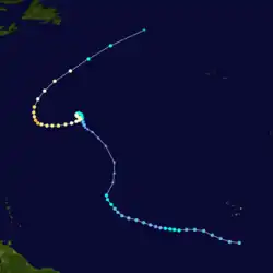 A map plotting the track and intensity of Hurricane Lee at 6-hour intervals during its September 14–30, 2017, lifetime.