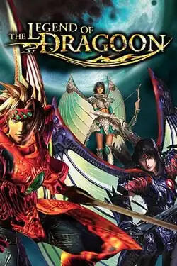 The box cover of the PlayStation version of the game, showing three figures (from left to right a man, a woman, and another woman) with wings. The game's logo is placed above them.