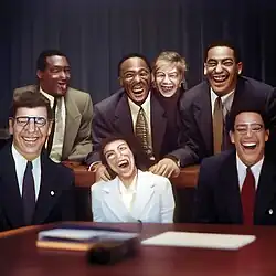 An AI-generated photograph of men and women wearing suits in a boardroom with misshaped facial expression and distorted smiles