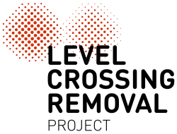 The logo of the Level Crossing Removal Project, showing multiple small red circles and black text for the project name.