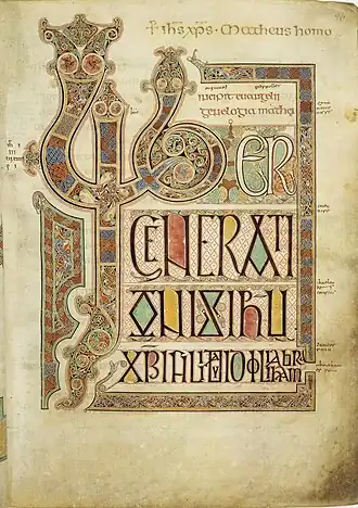 Folio 27r from the Lindisfarne Gospels ( 700) contains the incipit from the Gospel of Matthew.