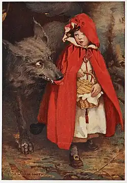 An illustration of Little Red Riding Hood in A Child's Book of Stories by Penrhyn Wingfield Coussens, 1911
