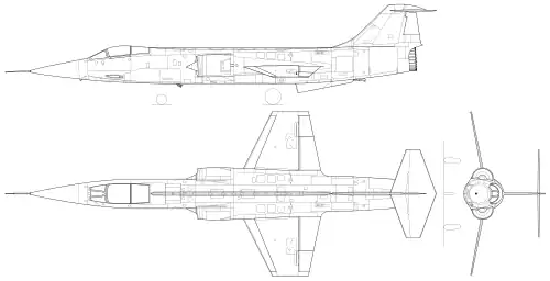 3-view line drawing of the Lockheed F-104C Starfighter