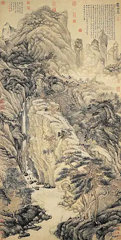 Shen Zhou (Chinese: 沈周, 1427–1509), Lofty Mount Lu (Chinese: 廬山高), Ming dynasty, 1467 (明 成化丁亥), Medium: Hanging scroll, ink and colors on Xuan paper, Dimensions: 193.8 × 98.1 cm (height × width), China. Collected by National Palace Museum.