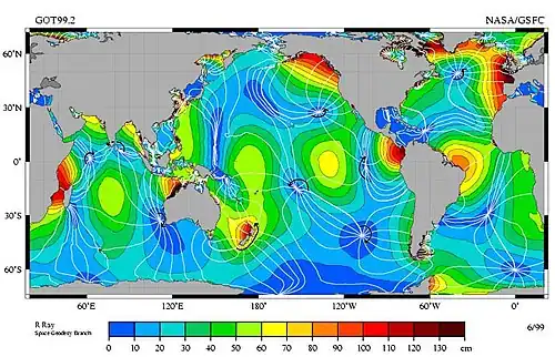 Map showing relative tidal magnitudes of different ocean areas