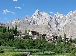 Village nestled in a mountain valley